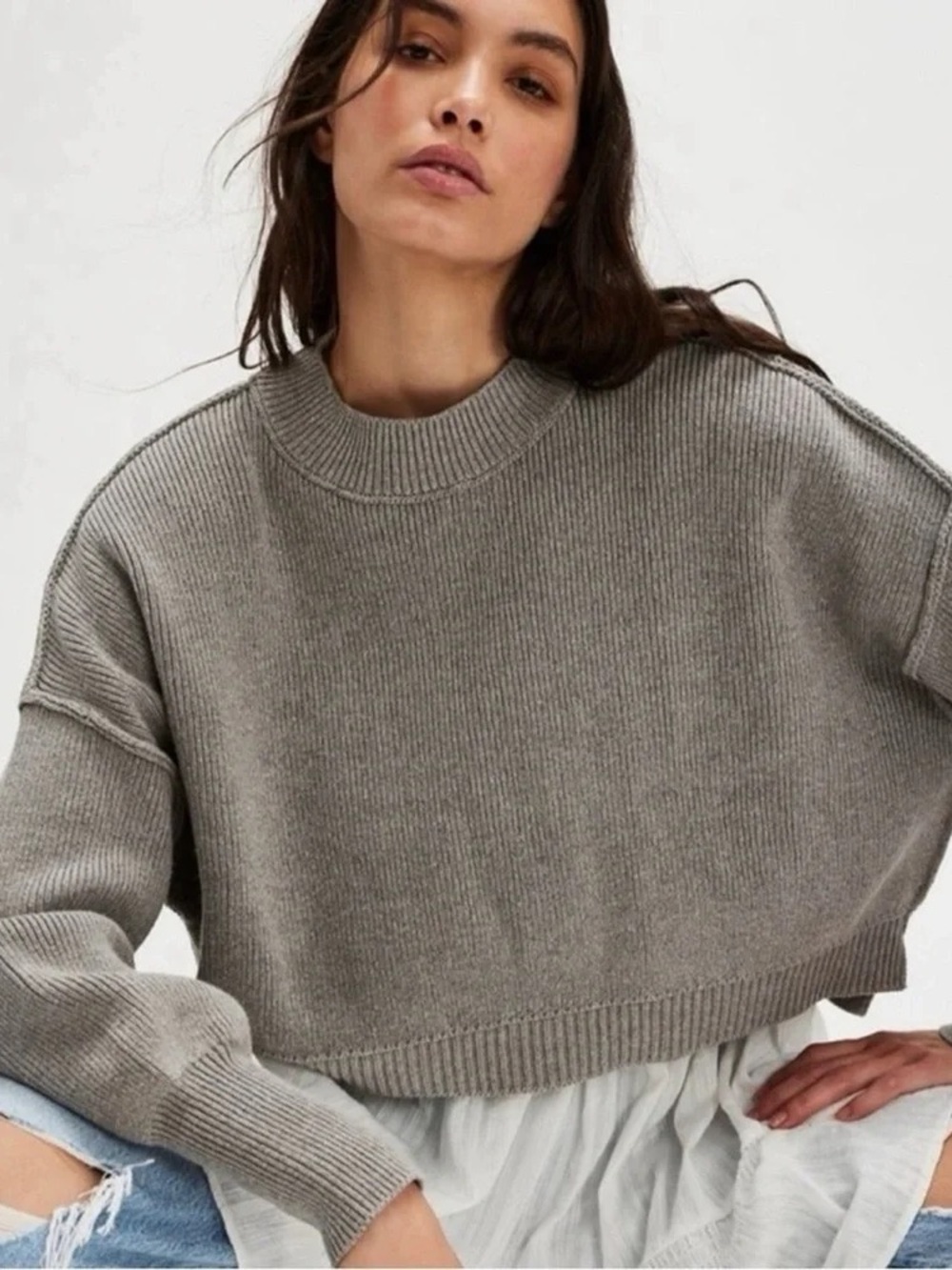 Free People Easy Street Cropped Pullover Sweater in Heather Grey